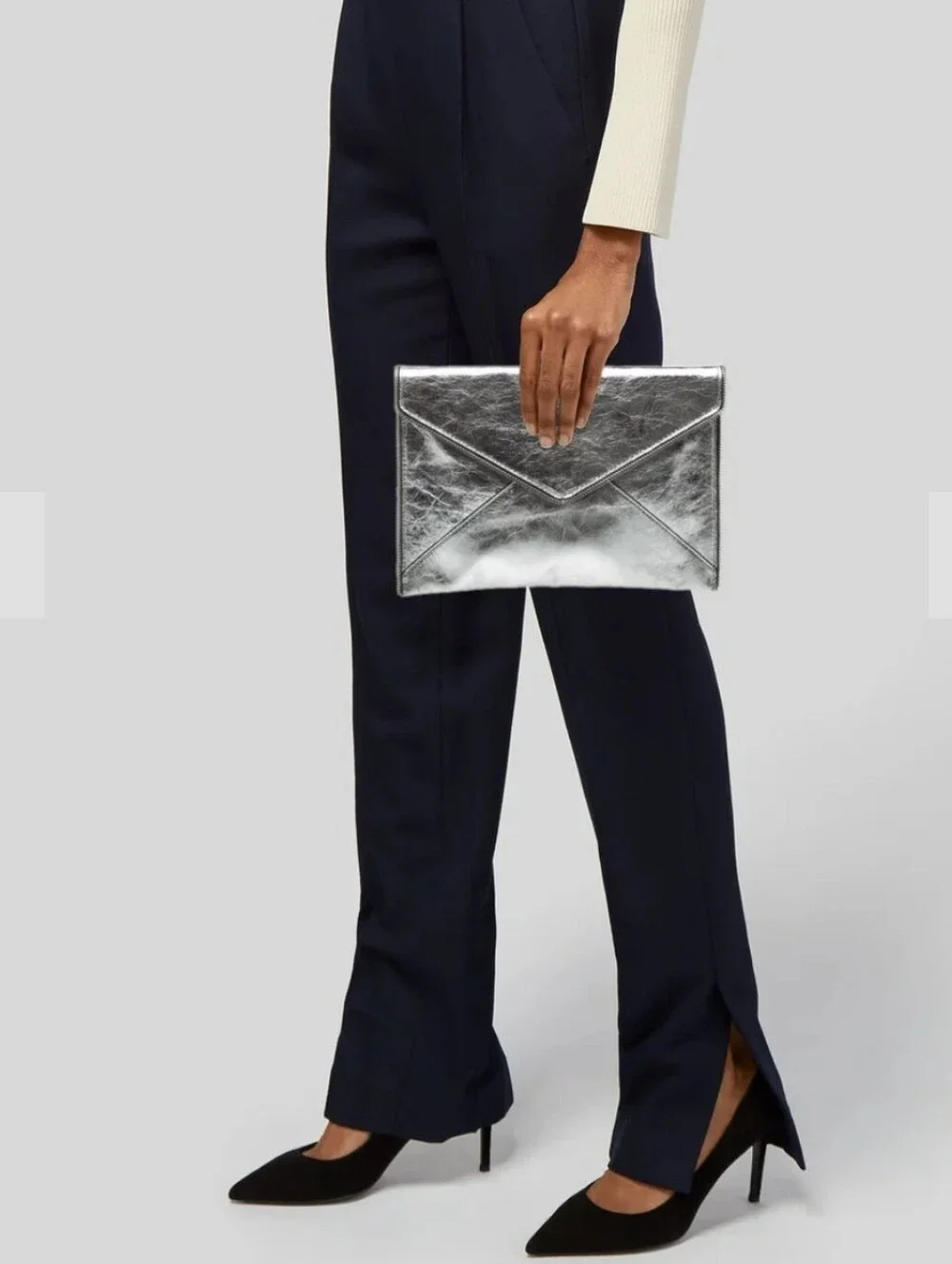 Rebecca Minkoff Silver Leather Envelope Clutch Metallic W/Zip Detail